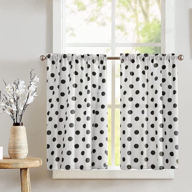 Polka Dots Print Tier Window Valance 2 Piece Set Home Décor Bedroom Nursery Kitchen Window (Black on White)